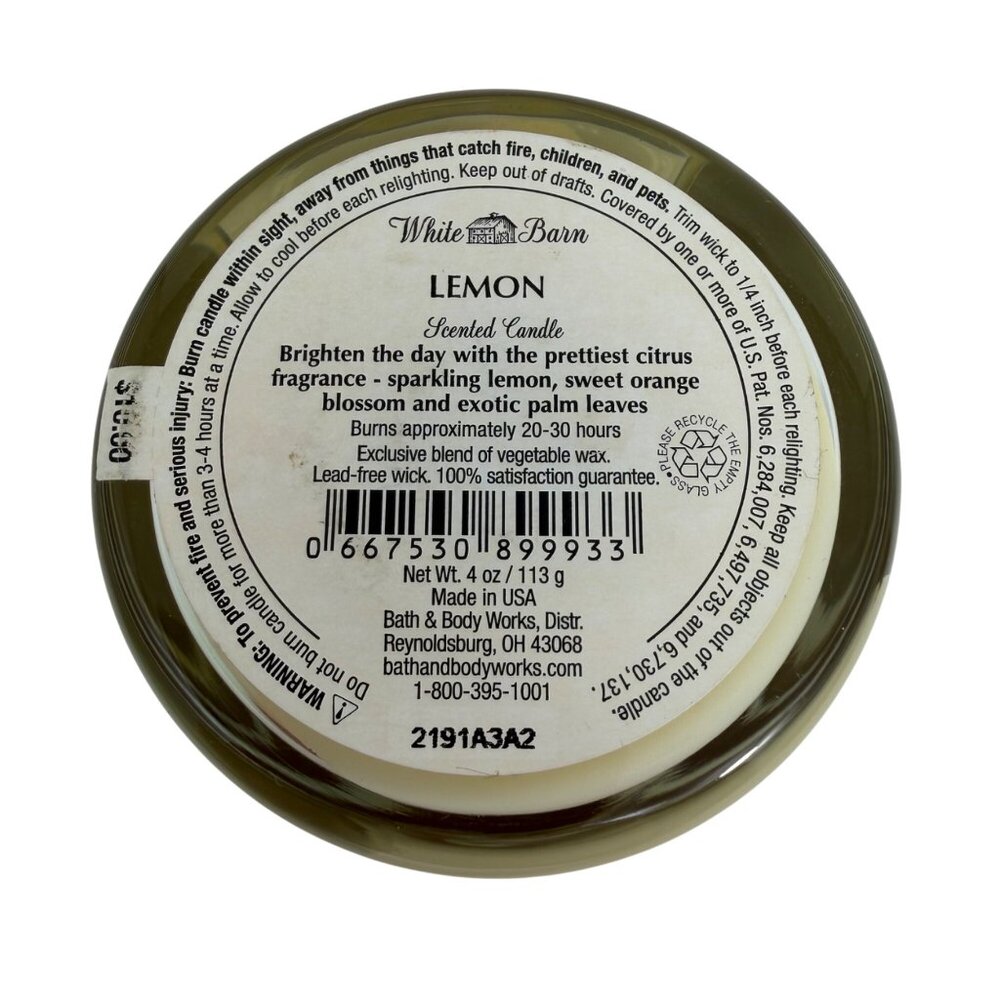 Bath & Body Works - Lemon Scented Candle 4 oz 1-Wick - White Barn - Unused - Picture 3 of 4
